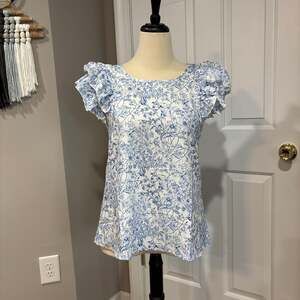 Blue Floral Ruffle Cap Sleeve Bow-Back Blouse Size M - Cottagecore Festival